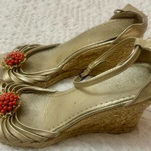 J.Crew Gold Wedge Sandals with Coral Accent